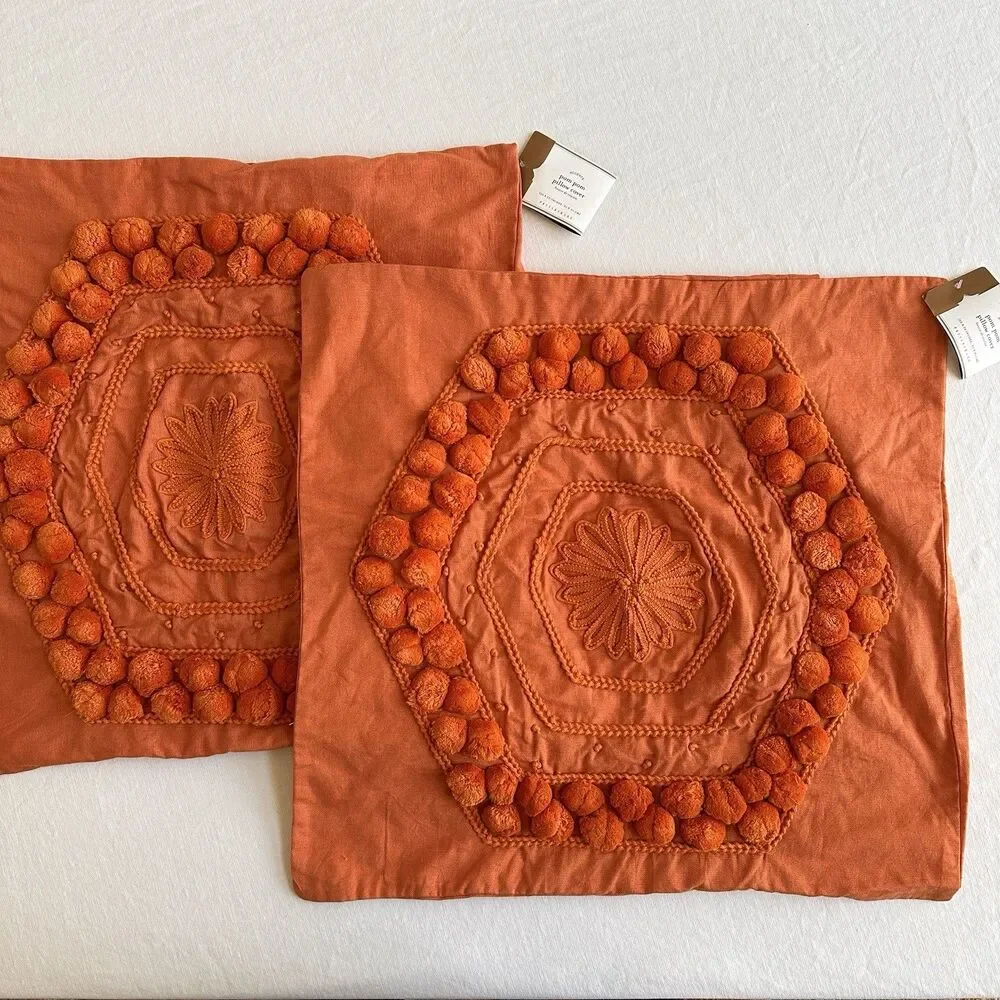 2 Pottery Barn Pom Pom Pillow Cover Orange Clementine Square Embroidered 20x20